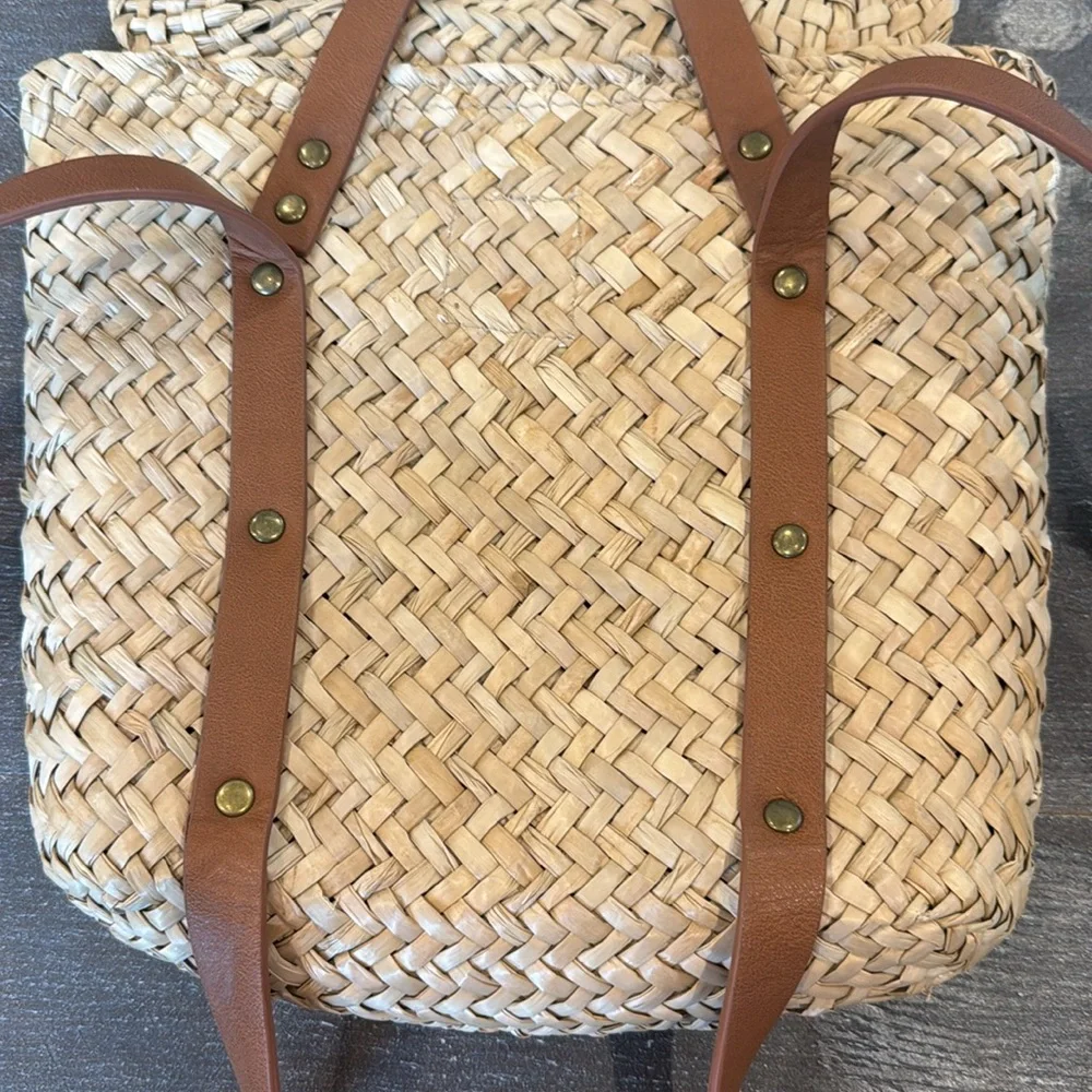 BILLABONG Changing Tides Straw Packpack Woven Tan Backpack Faux Leather Straps